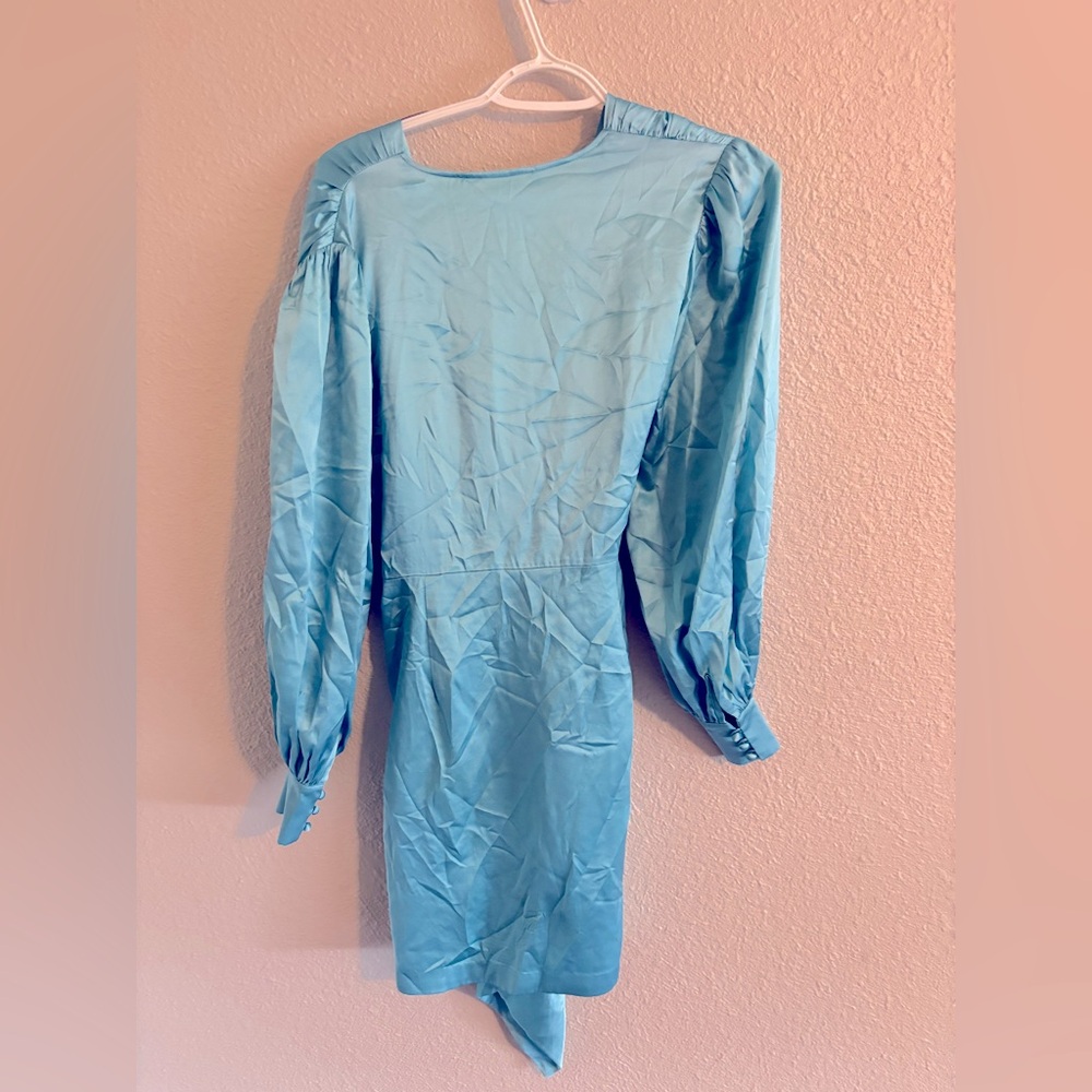 Retrofete Turquoise Satin Wrap Mini Dress - Picture 6 of 6